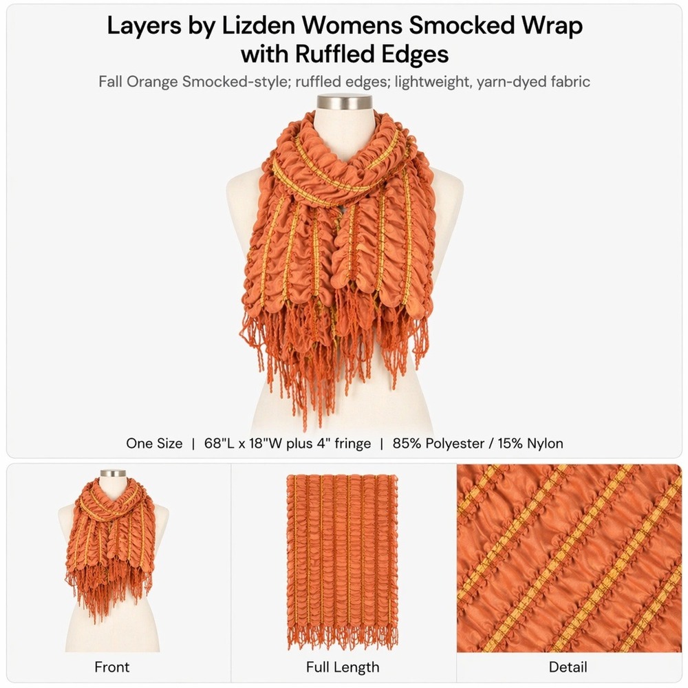 Layers by Lizden Womens Smocked Wrap Scarf Orange Ruffled Fringe 68x18 One Size